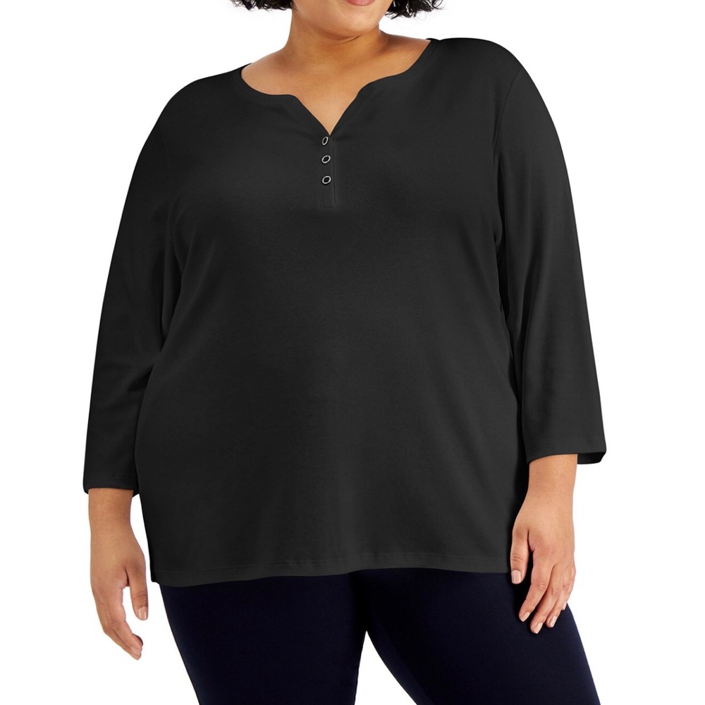 Karen Scott Black Notch-Neck Henley 3/4 Sleeve Top, Plus Size 2X, NWT